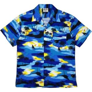 Vintage 80s Hawaiian Sunset Shirt Mens Large Tropical Palm Tree Made In USA